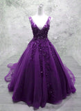 Solvbao Glam Purple V-neckline Tulle Beaded and Lace Formal Gown, Purple Long Prom Dresses