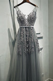 solvbao Grey Romantic Lace V-neckline Formal Gowns, Applique Long Prom Dress, High Quality Party Dress