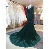 Solvbao Dark Green Long Sleeves Lace Mermaid Formal Dress, Long Prom Dresses