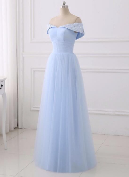 solvbao Light Blue Simple Bridesmaid Dresses, Off Shoulder Party Dress, Simple Tulle Junior Prom Dress