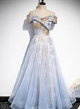 solvbao Light Blue Tulle with Gold Sequins Off Shoulder Prom Dress, Blue A-line Formal Dress Evening Dress