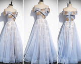 solvbao Light Blue Tulle with Gold Sequins Off Shoulder Prom Dress, Blue A-line Formal Dress Evening Dress