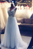 Solvbao Light Blue Tulle Beaded V Back Long Formal Dress, Blue Prom Dress Wedding Party Dress