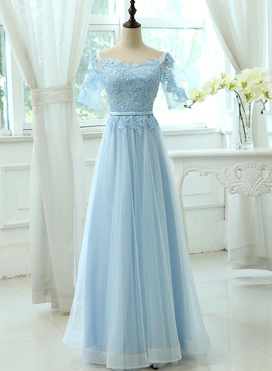 Solvbao Light Blue Tulle Long Party Dress with Sleeves, Lace A-line Blue Bridesmaid Dress