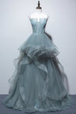 kamahe Gray Spaghetti Straps Tulle Princess Formal Evening Party Dresses Long Formal Prom Dresses