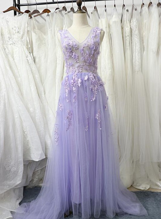 Solvbao Charming Tulle Floral Light Purple Long Party Dress, A-line Prom Dress