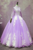 Solvbao Light Purple Tulle Long Sleeves Applique Sweet 16 Gown, Beautiful Evening Dress Formal Dress