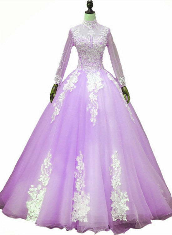 Solvbao Light Purple Tulle Long Sleeves Applique Sweet 16 Gown, Beautiful Evening Dress Formal Dress