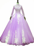 Solvbao Light Purple Tulle Long Sleeves Applique Sweet 16 Gown, Beautiful Evening Dress Formal Dress