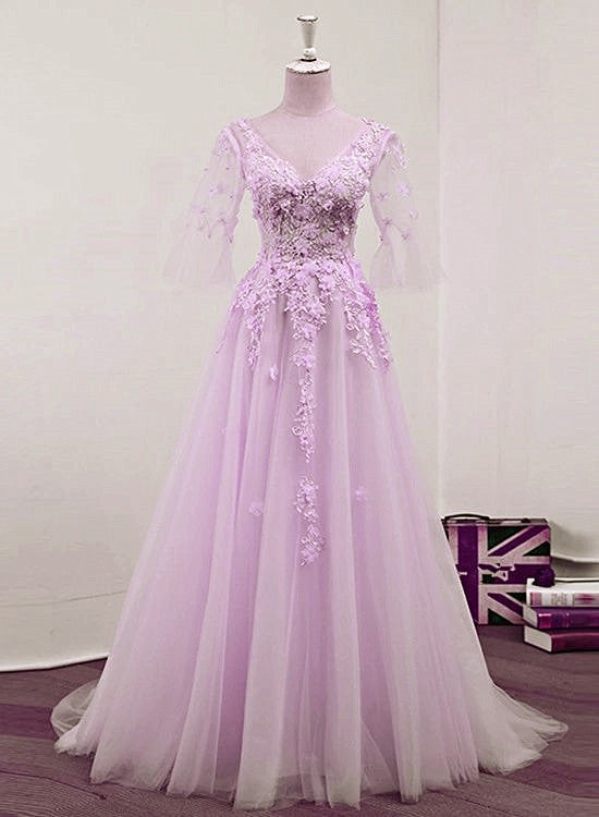 Solvbao Light Purple Tulle V-neckline Lace Applique New Prom Dress , Lavender Party Dress