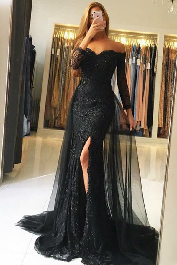 kamahe Black Tulle Mermaid Off-the-Shoulder Long Sleeves Prom Dresses with Lace Sequins