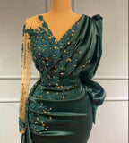 kamahe Long Dark Green Elegant Mermaid Prom Dress with Sleeves