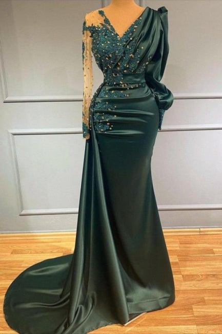 kamahe Long Dark Green Elegant Mermaid Prom Dress with Sleeves