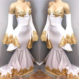 kamahe Long Sleeves Prom Party Gowns with gold appliques, mermaid evening dress