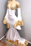 kamahe Long Sleeves Prom Party Gowns with gold appliques, mermaid evening dress