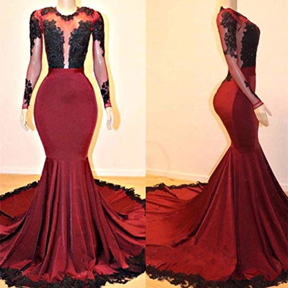 kamahe Long Sleeves Round Collar Mermaid Prom Dress Red Sequins Long Chiffon