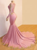 kamahe Long Sleeves Round Collar Mermaid Prom Dress Sequins Pink Long Chiffon