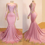 kamahe Long Sleeves Round Collar Mermaid Prom Dress Sequins Pink Long Chiffon