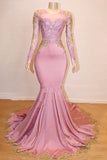 kamahe Long Sleeves Round Collar Mermaid Prom Dress Sequins Pink Long Chiffon