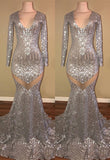 kamahe Long Sleeves Sequins Prom Party Gowns| Mermaid V-Neck Evening Gowns