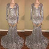 kamahe Long Sleeves Sequins Prom Party Gowns| Mermaid V-Neck Evening Gowns