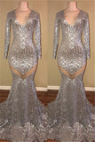 kamahe Long Sleeves Sequins Prom Party Gowns| Mermaid V-Neck Evening Gowns