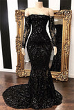 kamahe Long Sleeves Strpless Mermaid Prom Dress Black Sequins Long