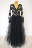 kamahe Long Sleeves V Neck Black Lace Long Prom Dresses, Long Sleeves Black Formal Dresses, Black Lace Evening Dresses