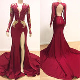 kamahe Long Sleeves V-neck Mermaid Prom Dress Red Sequins Long Chiffon