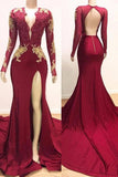 kamahe Long Sleeves V-neck Mermaid Prom Dress Red Sequins Long Chiffon