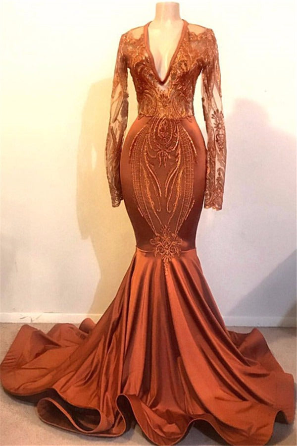 kamahe Long Sleeves V-neck Mermaid Prom Dress Sequins Gold Long Chiffon Lace