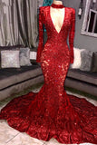 kamahe Long Sleeves V-neck Mermaid Prom Dress Sequins Long Chiffon Red Royal Blue