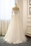 kamahe Long Sleeves White Tulle Prom Wedding Dresses, Long Sleeves White Tulle Formal Evening Dresses