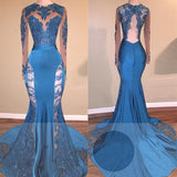 kamahe Long Sleevess Lace Appliques Open Back Brush Train Mermaid Prom Gowns