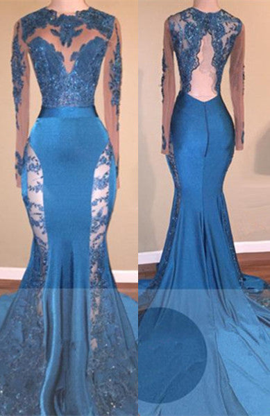 kamahe Long Sleevess Lace Appliques Open Back Brush Train Mermaid Prom Gowns