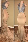 kamahe Luxurious Halter Sleeveless Lace Applique Mermaid Prom Dresses