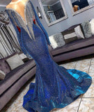 kamahe Luxurious Sequins Long Sleevess Mermaid Sheer Neckline Prom Dresses