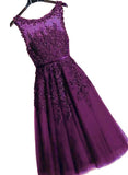 Solvbao Beautiful Purple Tea Length Lace Applique Party Dress, Tulle with Lace Prom Dress