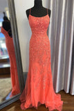 kamahe Mermaid Backless Orange Lace Long Prom Dress, Mermaid Orange Lace Formal Dress, Orange Lace Evening Dress