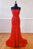 kamahe Mermaid Backless Red Lace Long Prom Dresses, Mermaid Red Formal Dresses, Red Lace Evening Dresses