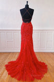 kamahe Mermaid Backless Red Lace Long Prom Dresses, Mermaid Red Formal Dresses, Red Lace Evening Dresses