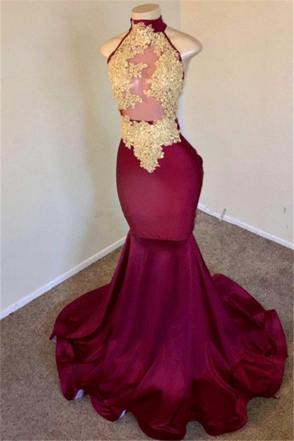 kamahe Mermaid Burgundy High-Neck Applique Sleevless Prom Dresses