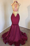 kamahe Mermaid Burgundy High-Neck Applique Sleevless Prom Dresses