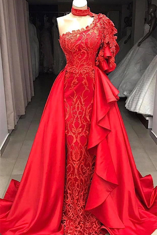 kamahe Mermaid High Neck One Shoulder Floor-length Half Sleeve Appliques Lace With Side Train Prom Dress