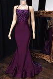 kamahe Mermaid Purple Spaghetti-Straps Appliques Sleeveless Prom Dresses