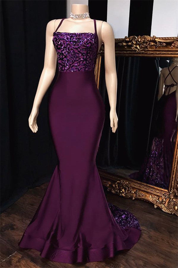 kamahe Mermaid Purple Spaghetti-Straps Appliques Sleeveless Prom Dresses