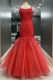 kamahe Mermaid Red Tulle Lace Long Prom Dresses, Mermaid Red Formal Dresses, Red Lace Evening Dresses