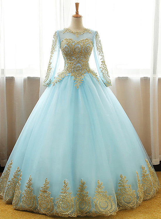 Solvbao Mint Blue Long Sleeves with Gold Lace Long Party Dress, Tulle Round Neckline Sweet 16 Dress