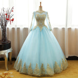 Solvbao Mint Blue Long Sleeves with Gold Lace Long Party Dress, Tulle Round Neckline Sweet 16 Dress