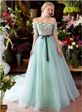 Solvbao Mint Green 3D Flowers Lace Tulle Off Shoulder Party Dress, A-line Long Formal Dress